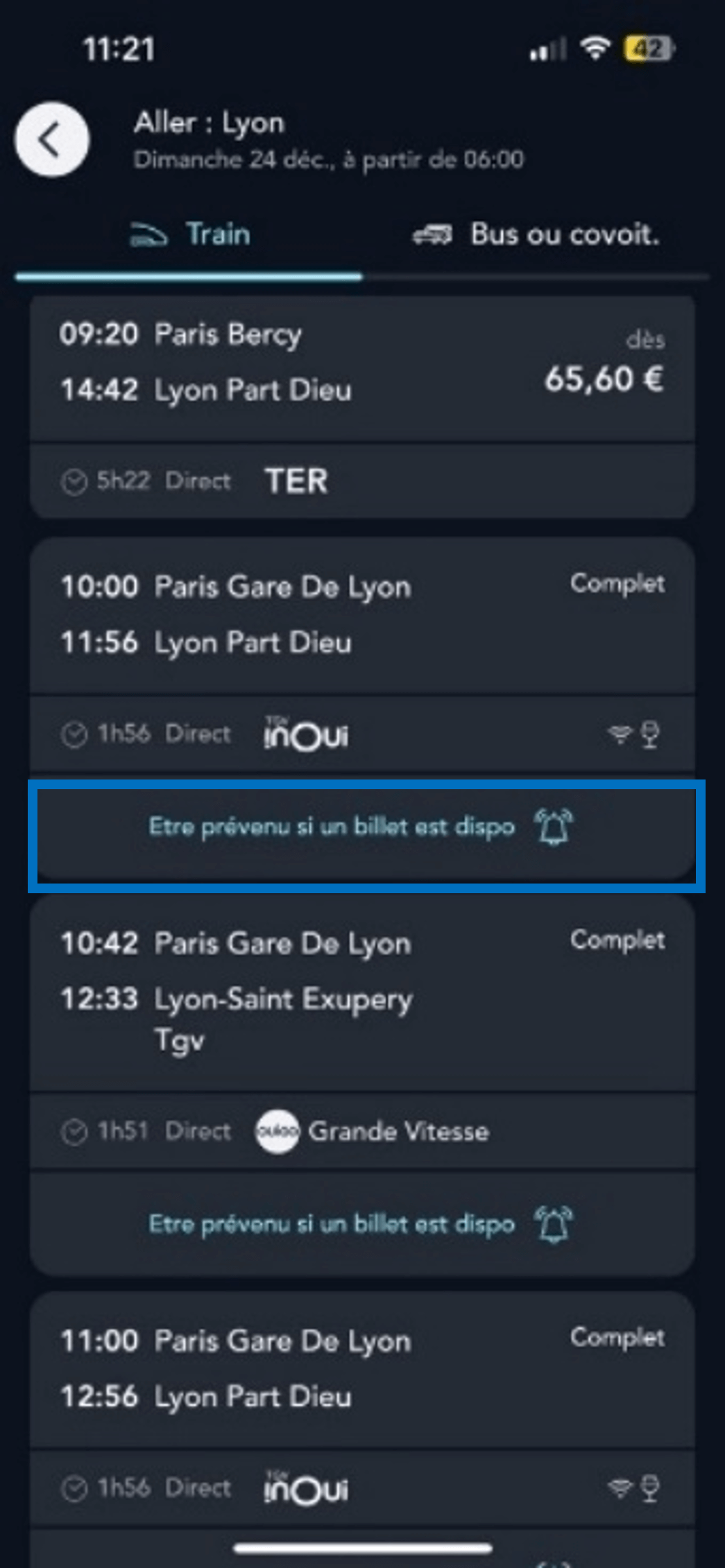 screen of the ticket search results page on the SNCF Connect application illustrating the full train alert option